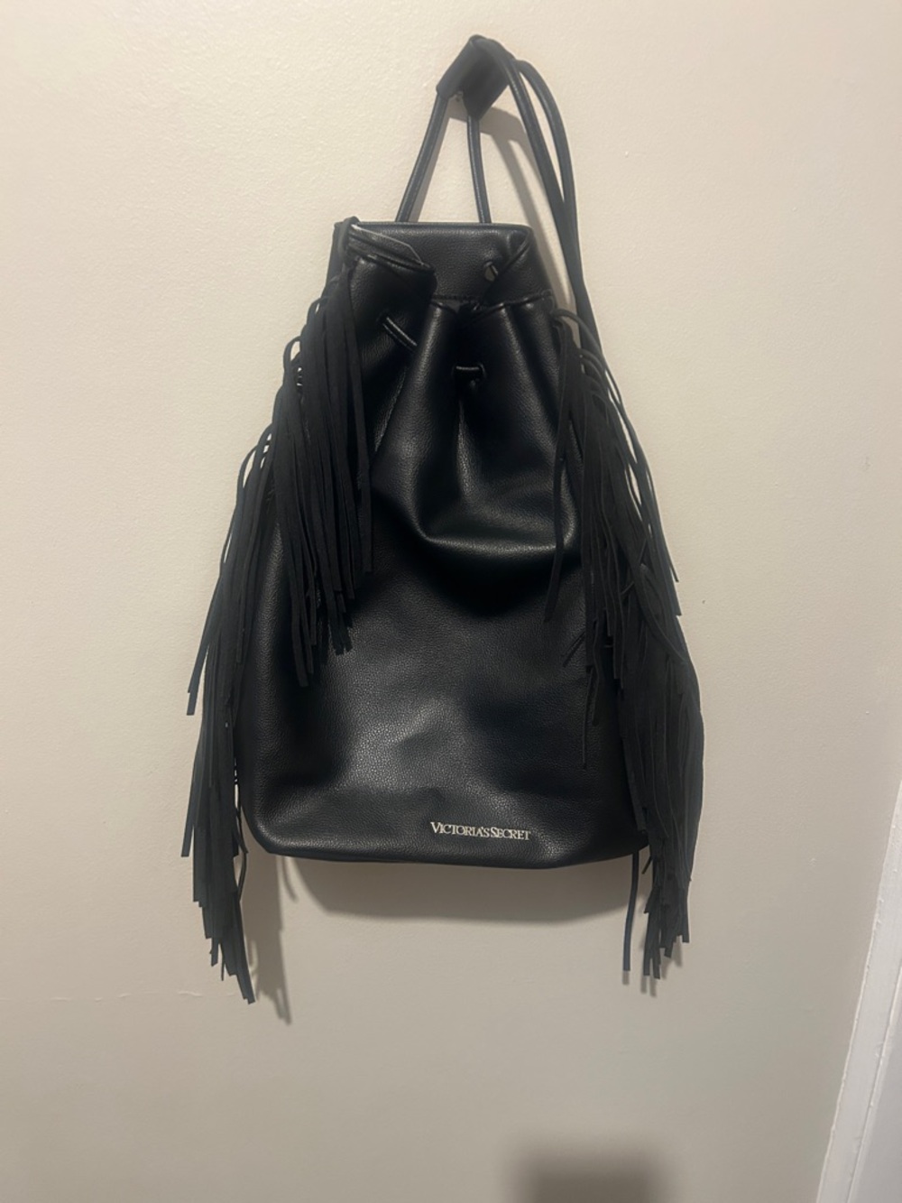 Victoria's Secret Black Fringe Drawstring Backpack